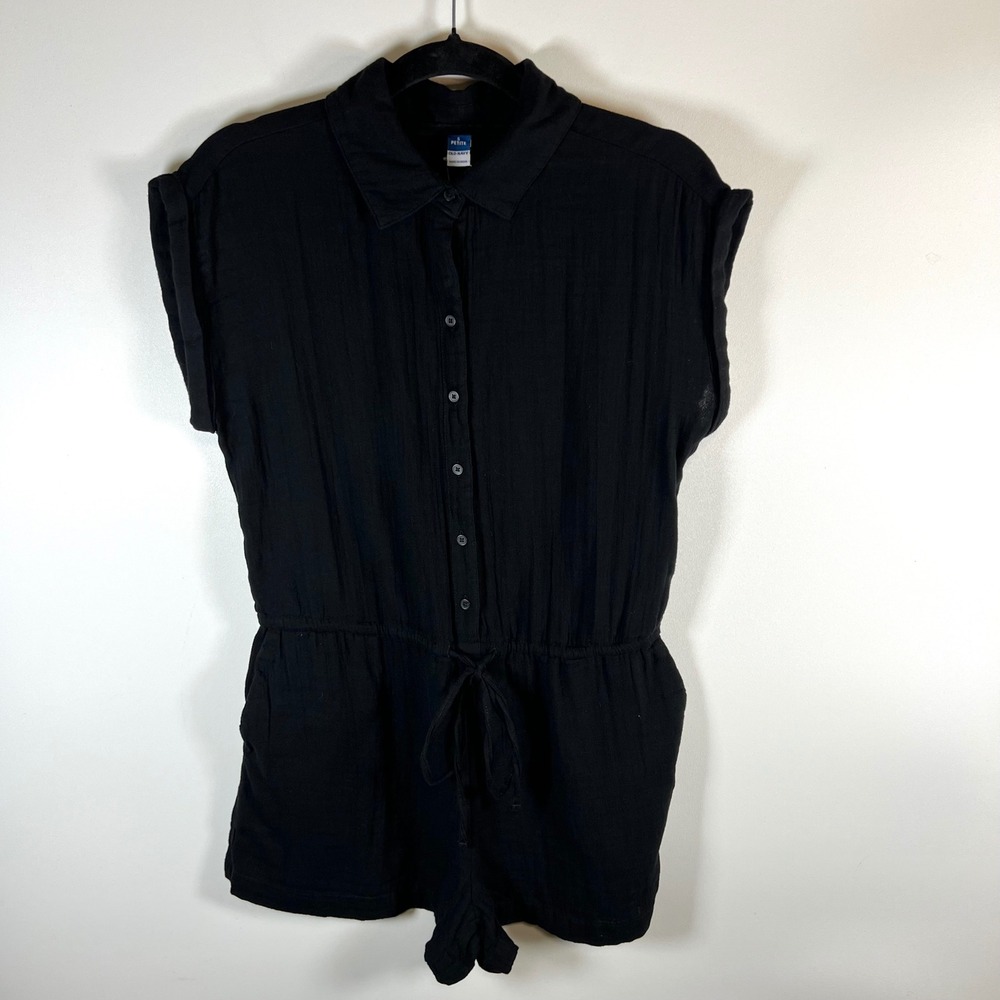 Old Navy Black Petite Chambray Button Front Drawstring Romper Size S